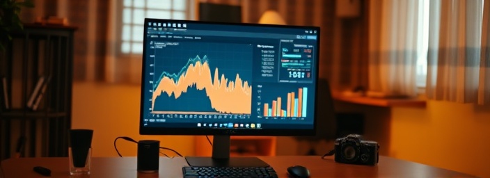 focused review optimization, determined, enhancing digital graphs, photorealistic, cozy study room with a modern computer setup, highly detailed, cursor moving swiftly on the screen, 85mm lens, warm colors, LED monitor glow, shot with a Nikon D850