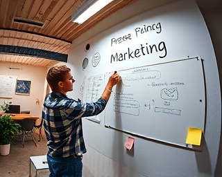 dynamic marketing project, focused, writing on a whiteboard, photorealistic, collaborative workspace with creative decor, highly detailed, sticky notes falling, fisheye lens, pastel shades, overhead lighting, shot with a 16mm camera lens