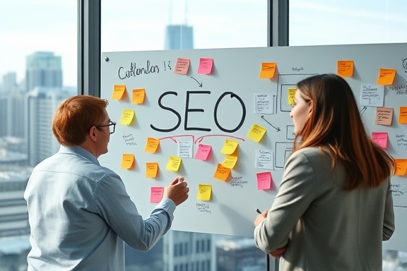 cutting-edge SEO strategy session, proactive, brainstorming ideas, photorealistic, glass-walled meeting room with city view, highly detailed, sticky notes and whiteboard covered in notes, dynamic composition, bright and airy colors, backlit scene, shot with a 28mm lens