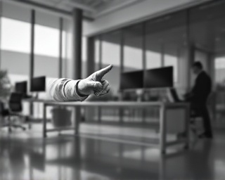analytical marketing strategy, insightful, pointing at projections, photorealistic, minimalist office with sleek furniture, highly detailed, reflection of monitors, tilt-shift lens, monochrome, moody lighting, shot with a 45mm camera lens