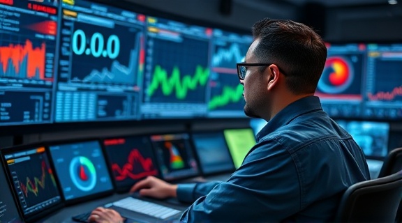 State-of-the-art heatmap interface, focused expression, navigating, photorealistic, control room filled with digital panels, highly detailed, fluctuating graphs and charts, 8k quality, rich colors, backlit lighting, shot with a 70-200mm lens.