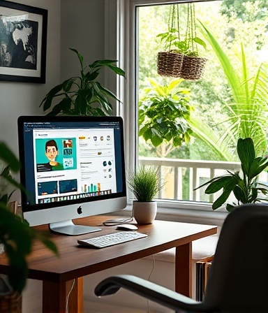 strategic localSEO optimization, thoughtful expression, implementing, photorealistic, cozy home office with a view of a garden, highly detailed, animated digital interface on computer screen, ISO 400, vibrant greens, ambient lighting, shot with an 85mm prime lens.