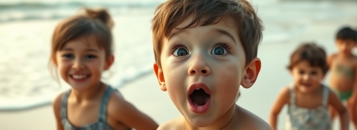 video share, surprised face, capturing attention, photorealistic, beach setting with waves crashing, highly detailed, children playing, 8k resolution, pastel colors, natural daylight, shot with a telephoto lens.