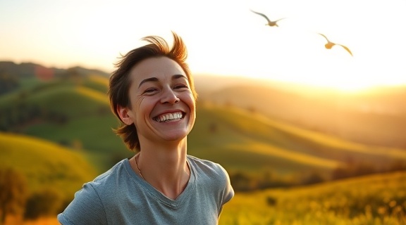 viral video, joyful smile, spreading happiness, photorealistic, countryside landscape with rolling hills, highly detailed, birds flying, full HD quality, bright greens, soft sunset glow, shot with a zoom lens.