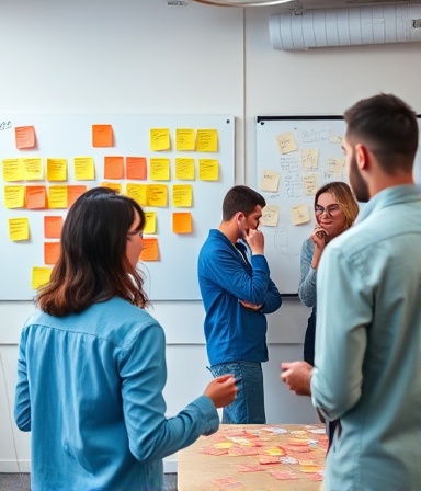 progressive review improvement, innovative, brainstorming with post-it notes, photorealistic, open-plan tech startup space with whiteboards, highly detailed, people jotting ideas hastily, 24mm lens, vibrant colors, natural daylight, shot with a Fujifilm X-T4
