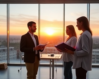 inclusive marketing team, cooperative, sharing feedback, photorealistic, spacious office with panorama view, highly detailed, folders open, ultra-wide lens, neutral tones, sunset lighting, shot with a 10mm camera lens