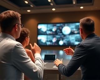 strategic agency meeting, engaging, presenting solutions, photorealistic, high-tech boardroom with interactive screens, highly detailed, hand gestures captured, zoom lens, earthy colors, artificial lighting, shot with a 70-200mm camera lens