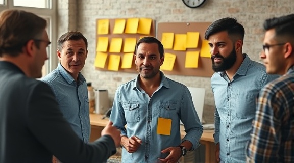 dynamic localSEO strategy, determined expression, collaborating, photorealistic, coworking space with teamwork in action, highly detailed, brainstorming ideas on sticky notes, ISO 250, soft yellows, natural daylight, shot with a 28mm lens.