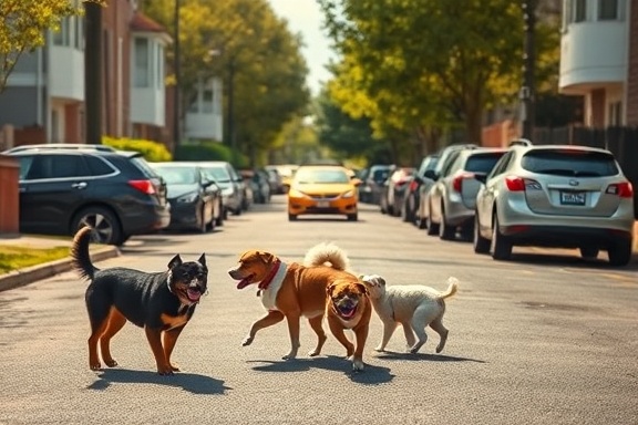 video meme, humorous expression, creating laughter, photorealistic, suburban street with cars parked, highly detailed, pets frolicking, high dynamic range, vibrant hues, afternoon lighting, shot with a macro lens.
