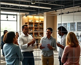 creative agency branding, enthusiastic, brainstorming ideas, photorealistic, open-plan office with ambient lighting, highly detailed, digital graphs appearing, prime lens, colorful, soft lighting, shot with a 50mm camera lens