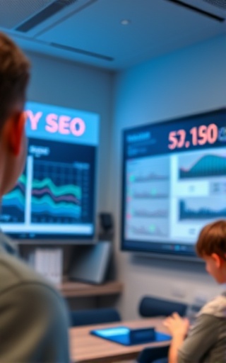 precise localSEO analytics, curious expression, examining, photorealistic, tech company meeting room with whiteboards, highly detailed, data visualizations projected on the wall, ISO 320, subtle blues, overhead lighting, shot with a 35mm lens.