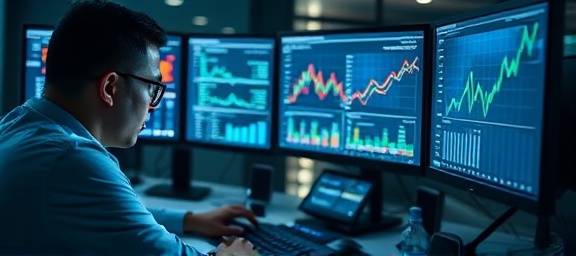 efficient SEO optimization, focused, analyzing data, photorealistic, tech-filled workspace with multiple monitors, highly detailed, graphs and metrics on computer screens, crisp clarity, cool color palette, ambient lighting, shot with an 85mm lens