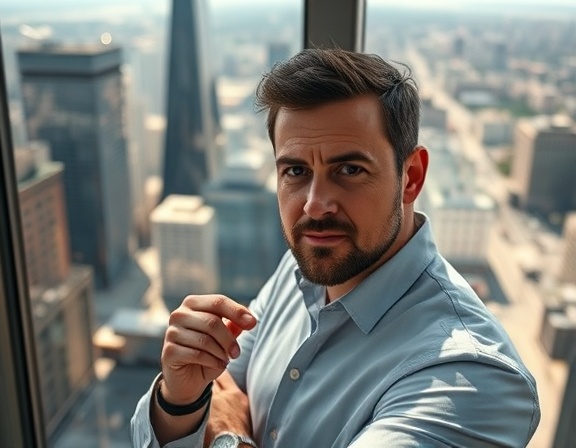 effective localSEO ranking, confident expression, analyzing, photorealistic, cityscape view from a skyscraper window, highly detailed, moving traffic in the background, ISO 200, warm tones, soft afternoon light, shot with a 24mm wide-angle lens.