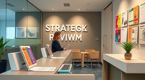 strategic review feedback, insightful, reviewing client satisfaction surveys, photorealistic, reception area with colorful brochures, highly detailed, receptionist typing on a keyboard, 70-200mm lens, pastel colors, ambient lighting, shot with an Olympus OM-D