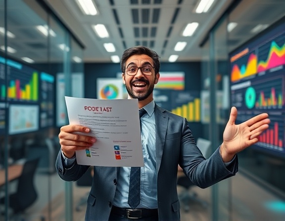 dynamic content marketing, enthusiastic, presenting a proposal, photorealistic, conference room with glass walls and digital screens, highly detailed, colorful charts and infographics on walls, immersive depth of field, vibrant colors, overhead lighting, shot with a 35mm lens
