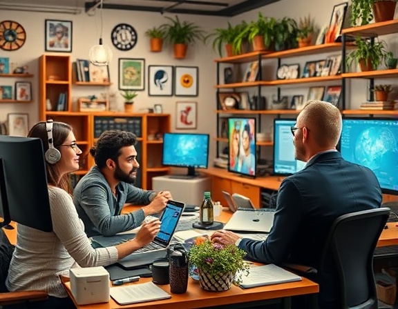 motivated social media engagement, enthusiastic interaction, collaborating with a team, photorealistic, lively room full of gadgets and decor, highly detailed, animated conversation, crisp finish, diverse color palette, ambient lighting from computer screens, shot with a 24mm lens.