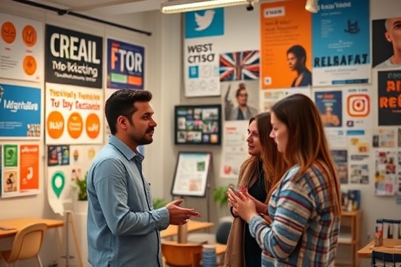 engaging social media marketing, innovative approach, discussing ideas, photorealistic, open workspace filled with creative posters, highly detailed, vibrant social media icons, clear resolution, warm hues, bright digital lighting, shot with a 35mm lens.