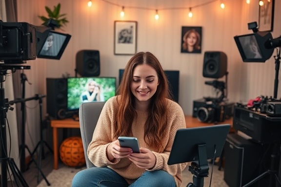 influential social media influencer, charismatic flair, creating content, photorealistic, cozy home studio filled with tech equipment, highly detailed, lively engagement with followers, fine texture, pastel shades, soft diffused lighting, shot with an 85mm lens.