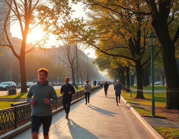video trend, amazed look, showcasing, photorealistic, urban park with people jogging, highly detailed, leaves rustling, 1080p resolution, warm tones, morning light, shot with a standard lens.