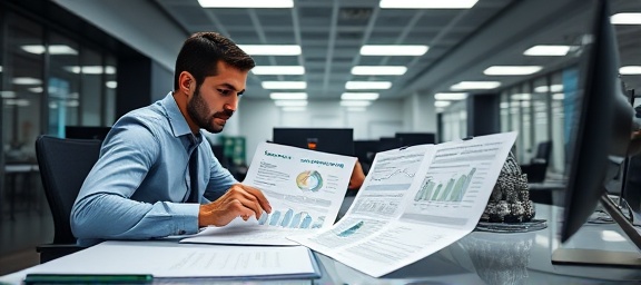 meticulous SEO analytics, concentrated, reviewing reports, photorealistic, corporate setting with sleek desks and high-tech hardware, highly detailed, open excel sheets and printouts, distinct sharpness, neutral color scheme, fluorescent lighting, shot with a 70-200mm lens