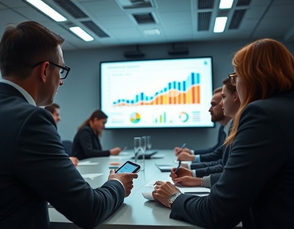 comprehensive review analysis, contemplative, evaluating data charts, photorealistic, city office boardroom with large screen, highly detailed, colleagues engaging in discussion, 35mm lens, cool colors, fluorescent lighting, shot with a Sony A7 III