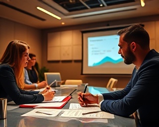 team-focused marketing team, determined, analyzing data, photorealistic, conference room with projectors and charts, highly detailed, pens and papers scattered, macro lens, warm tones, spotlighting, shot with a 100mm camera lens