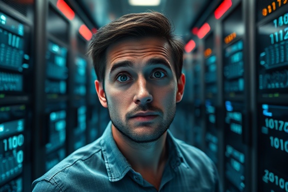 Sophisticated heatmap data, curious expression, interpreting, photorealistic, data center with servers surrounding the room, highly detailed, binary code overlay, full HD, monochromatic colors, soft lighting, shot with a 85mm lens.