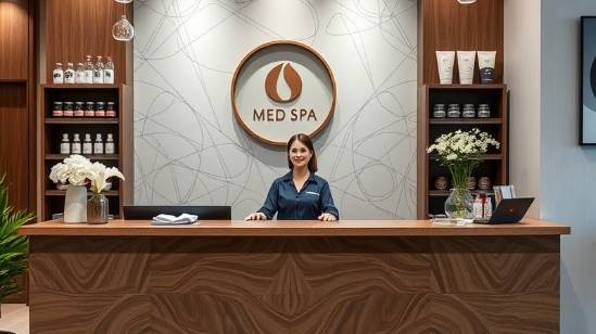 Med spa front desk with a female employee assisting clients.